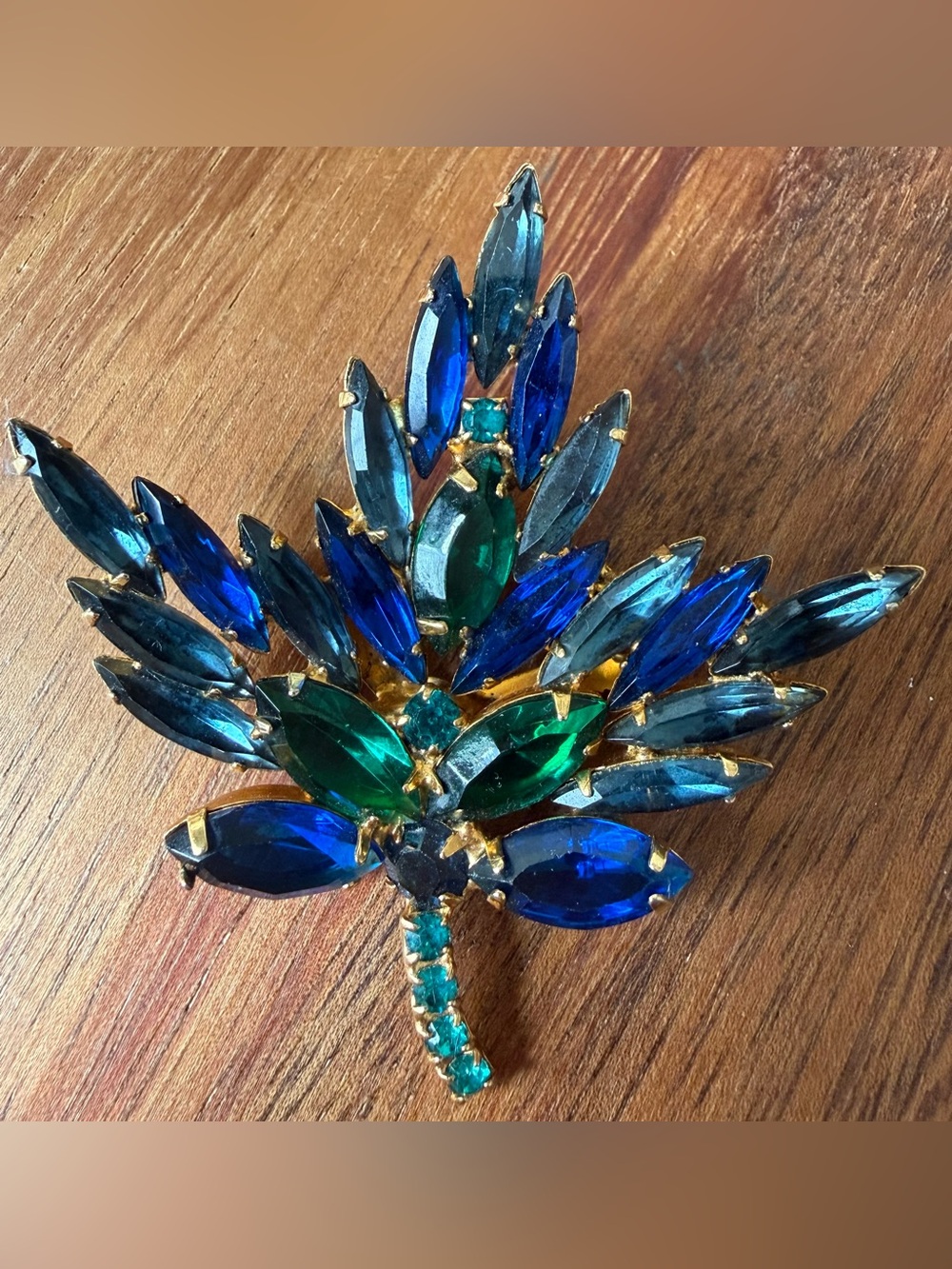 Vintage Blue and Green Rhinestone Leaf Brooch Pin Multicolor Burst Teal